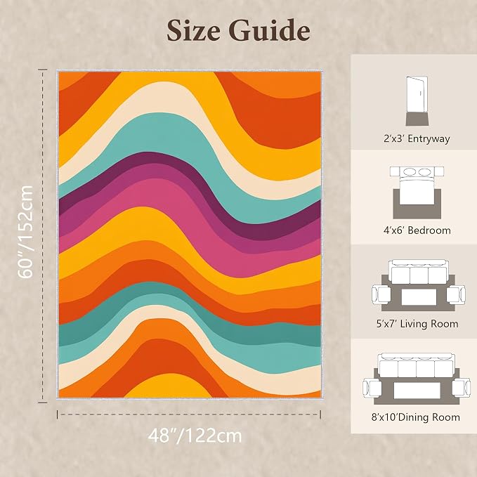 Retro 70s Area Rug 4x5, Mid Century Modern Abstract Wavy Carpet, Colorful Rainbow Swirl Rug for Living Room Bedroom Office, Non-Slip Washable Indoor Floor Mat