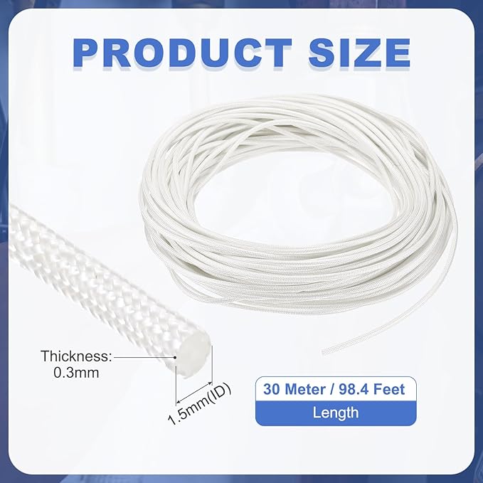 uxcell Insulation Cable Protector,1.5mm/0.06 Inch-30m/98 Feet High Temp Fiberglass Sleeve White