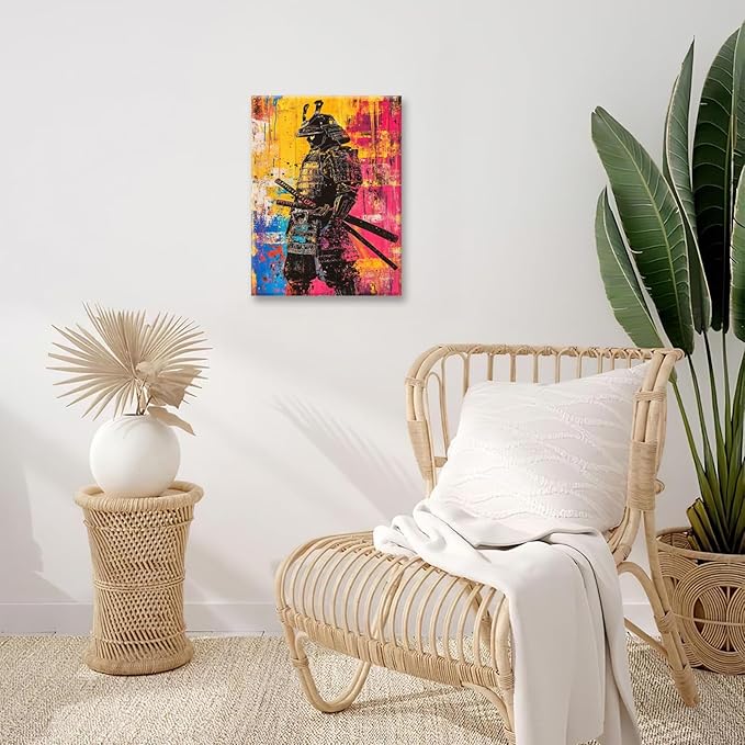 Japanese Wall Art, Graffiti Samurai Pictures Wall Decor, Banksy Samurai Canvas Prints, Japan Painting, Framed Artwork for Bathroom Living Room Bedroom Office Dining Room 20"X16"