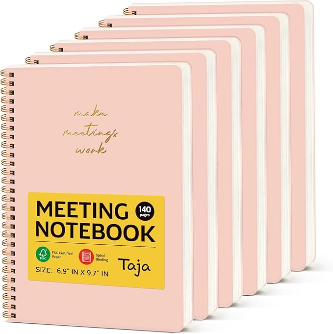 Taja 6 Pack of Meeting Notebook for Work Organization - Work notebook with action items, Meeting Minutes Planner Notebook, Perfect Office Supplies for Men & Women - Pink
