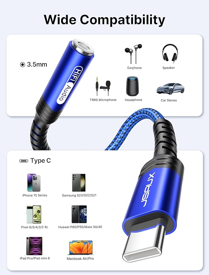 JSAUX 2-Pack USB Type C to 3.5mm Female Headphone Jack Adapter, USB C to Aux Audio Dongle Cable Cord Compatible with iPhone 15 Pro Max/15 Pro/15 Plus/15, Samsung Galaxy S23/S22, iPad Pro, Pixel -Blue
