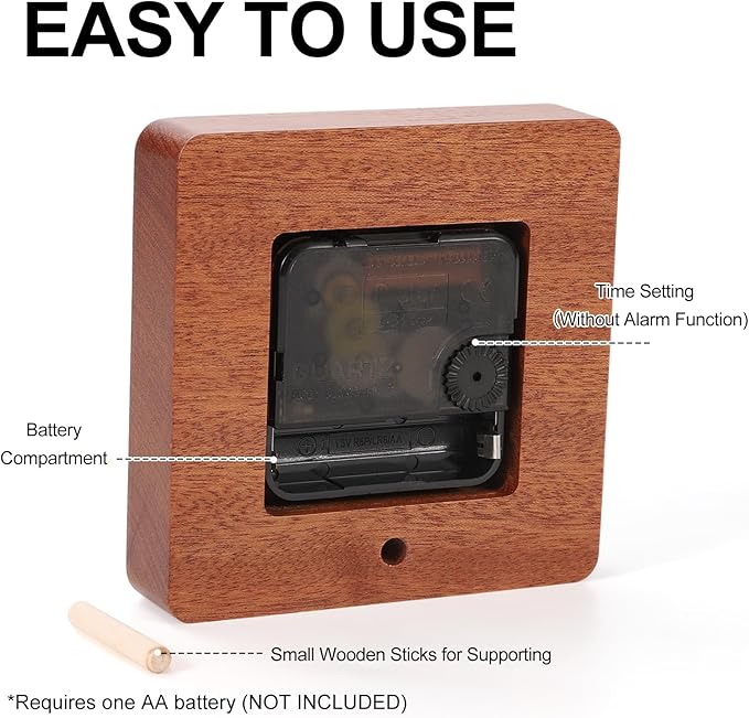 Kattepote Wooden Table Clock on Stand, Decorative Battery Operated Desk and Shelf Clock, Silent Non-Ticking Desktop Clock for Office, Living Room or Bedroom Decor, Square Shape, Sapele Wood