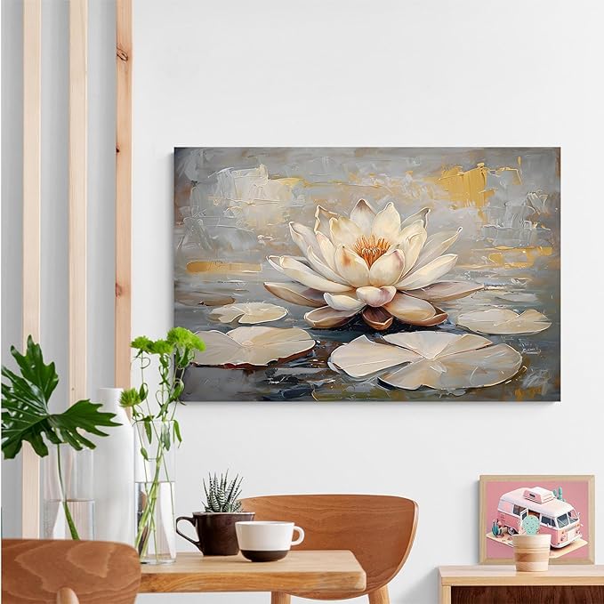 Ethereal white lotus floating on Crystal Waters poster vintage oil painting printwall art soft blush and gold accents serene home and office decor dreamy 16x24in Wood Framed