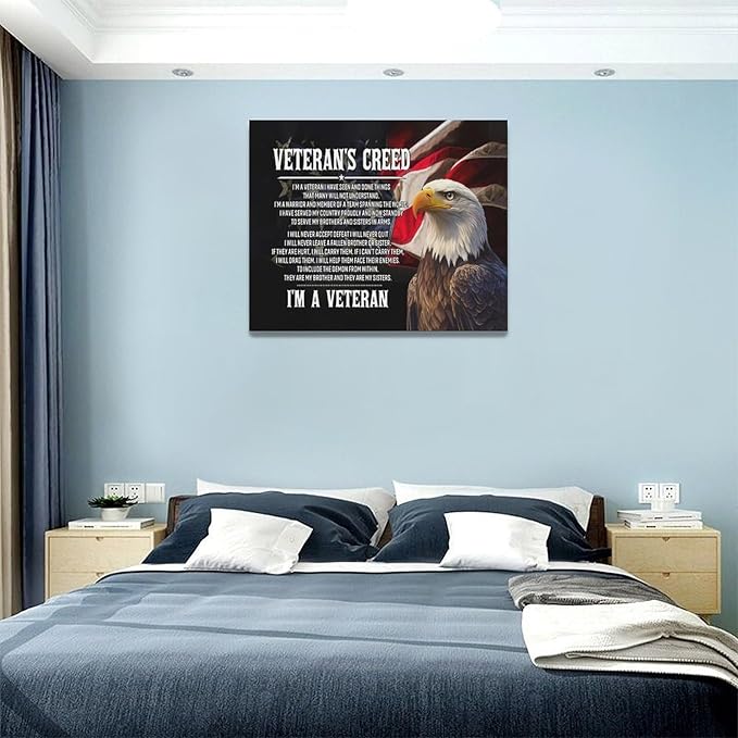 Veteran Wall Art Patriotic Pictures Wall Decor Military Canvas Prints Veterans Day Decorations Painting Framed Bald Eagle Artwork Office Home Man Cave Decor For Bathroom Bedroom Living Room 20"x16"