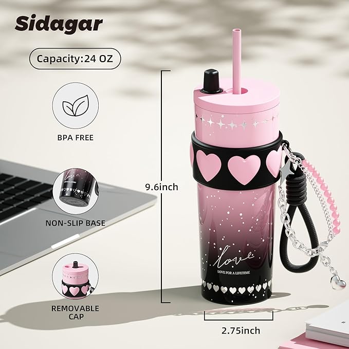 24 oz Stainless Steel Tumbler with Lid and Straw, Insulated Coffee Mug, Leak Proof, Portable Iced Travel Water Bottle, Reusable Thermal Coffee Cup Gift for Women, Pink