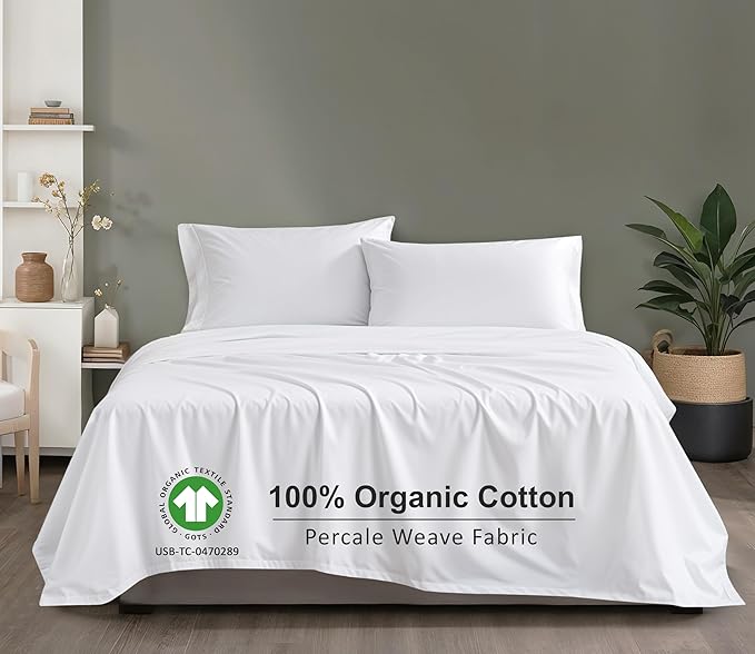 RUVANTI 100% Organic Cotton Sheets California King, Percale Weave, GOTS Certified, 4-Piece Set, Deep Pocket 13", Crisp & Breathable, Soft Durable Bedding, Sábanas Algodón Orgánico – Bright White