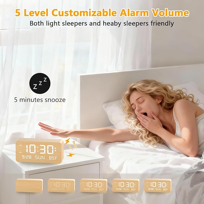 Fomobest Wooden Digital Alarm Clock for Bedroom -Desk Clock with Date, Day of Week, Temperature, Dual Alarms, Dimmer, USB Port Charge, DST, Adjustable Volume for Living Room/Office Wood Decor (Bamboo)