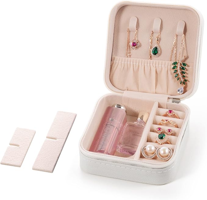 Mini Jewelry Travel Case,Small Jewelry Box,Traveling Jewelry Organizer,Portable Jewellery Storage Holder for Rings Earrings Necklace Bracelet Bangle Organizer Boxes for Girls Women(PU-White)