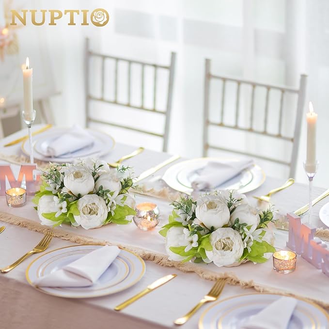 NUPTIO Peony Artificial Flowers for Centerpieces: 10 Pcs 9.4 inch Diam White Faux Peony Flowers Fake Flower Balls Arrangement Bouquet Wedding Centerpieces for Tables Wedding Centerpiece