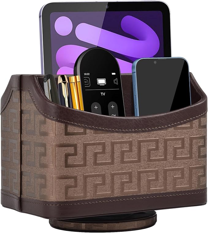 RHCSZ Leather Remote Control Holder 360°Rotatable,Bedside Nightstand Phone Caddy,Office Supplies Storage Box,Desk Organizer for TV Remote Controllers,CD,Pen,Mail,Media Player,Tablets(Coffee Gold)