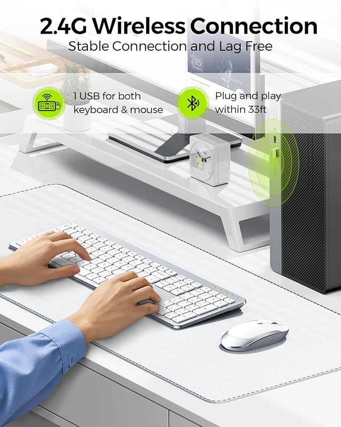 Wireless Keyboard and Mouse Combo - Full Size Slim Thin Wireless Keyboard Mouse with Numeric Keypad 2.4G Stable Connection Adjustable DPI (White & Silver)