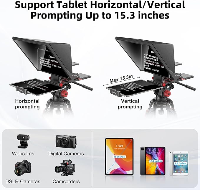 Desview P15 Teleprompter，15 inch Aluminum Alloy Liftable Teleprompter, High Display Glass, Compatible with iPad Tablet Phone DSLR Camera, No Assembly, Carry Case Included, Great for Video Making