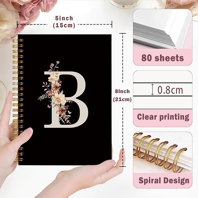 Lacama Cute Initial Letter B School Notebook Journal, Aesthetic Wildflower Personalized Black Spiral Notebook, School Supplies, Customized Monogrammed Gifts, Birthday Gifts for Women, Office Supplies