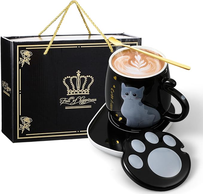 Honeydak Coffee Mug Warmer Cute Cat Mug Set Cup Warmer for Women Heated Coffee Warmers for Mom Home Office Desk Valentine's Day Anniversary Birthday Gifts(Cat,Black)