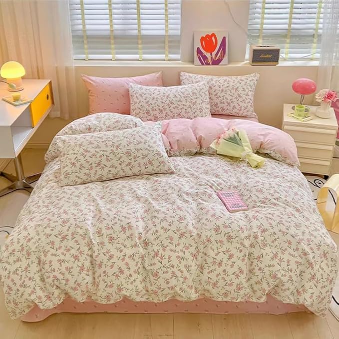 Vintage Style Pink Floral Duvet Cover King Cotton Garden Flower Duvet Cover Boho Cottagecore Bedding Set Chic Botanical Duvet Cover with 2 Pillowcases White Floral Comforter Cover King Bedding Set