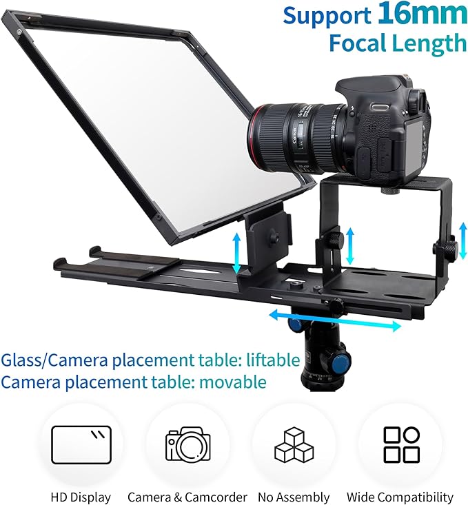 16-Inch Professional Teleprompter with Tempered Optical Glass, All-Metal Design, Remote Control & App Support, Works with Phones, Tablets, and Cameras