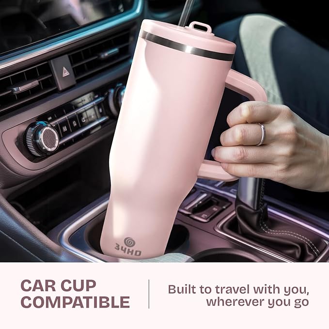 34HD 40 oz Stainless Steel Tumbler - Leakproof Insulated Water Bottle with Handle, Magnetic Lid and Flexible Straw - Iced for 48 Hours – Perfect for Men, Women, Birthday Gift, Pink - Rose Dust