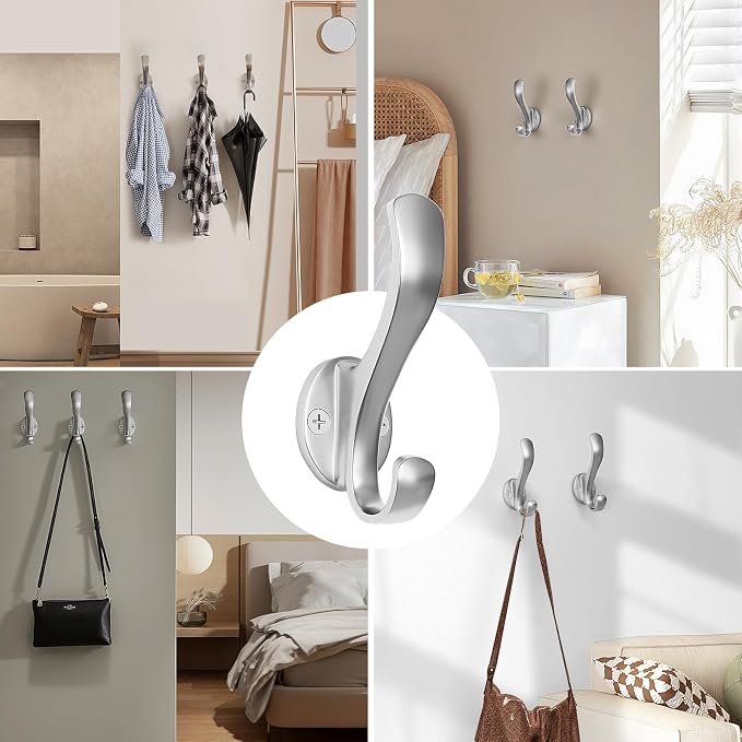 Coat Hooks Heavy Duty - Easy to Install Metal Towel Hooks Fashionable Wall Hooks for Hanging Hat, Towel, Key, Robe, Scarf, Bag, Cap (10 PCS Silver)