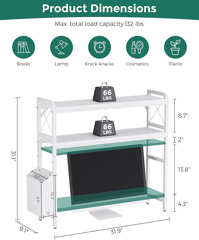VERSASKY Desktop Shelves, Monitor Stand with Adjustable Shelves and Side Pockets, 2-Tier Desktop Bookshelf Organizer, Large Capacity Display Shelf Rack, Desk Hutch for Home Office, Study Room, White