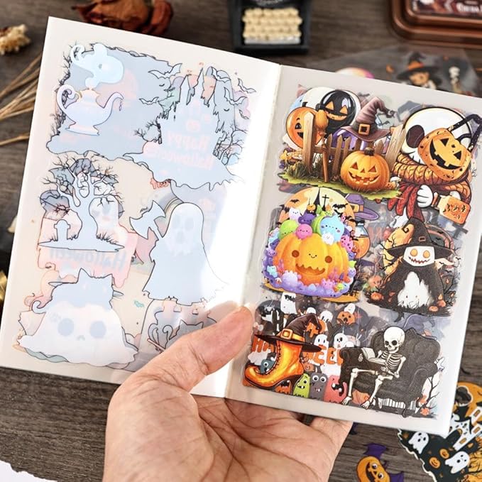 Dwpetzo Transparent Halloween Scrapbook Stickers Book, 20 Sheets Diecut PET Stickers for Journaling, Purple Vintage Spooky Theme for Scrapbooking, Junk Journal Supplies, Planner, Bujo, Crafts Arts