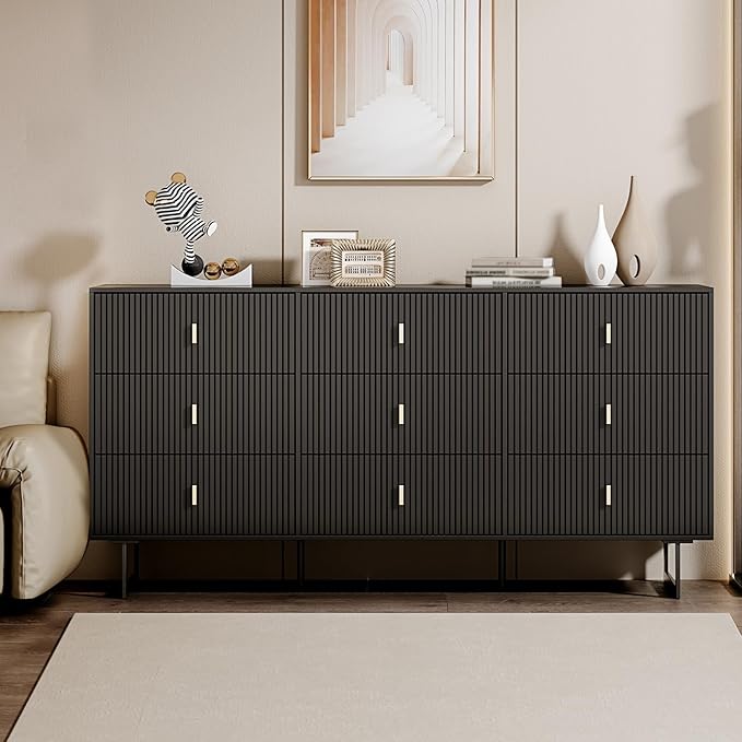 Chrangmay Modern Chest of Drawers with 9 Drawers,Deep Drawers,Clothes Organizer,Large Storage Cabinet for Living Room, Bedroom,Hallway,with Anti-Tipping Device,Dark