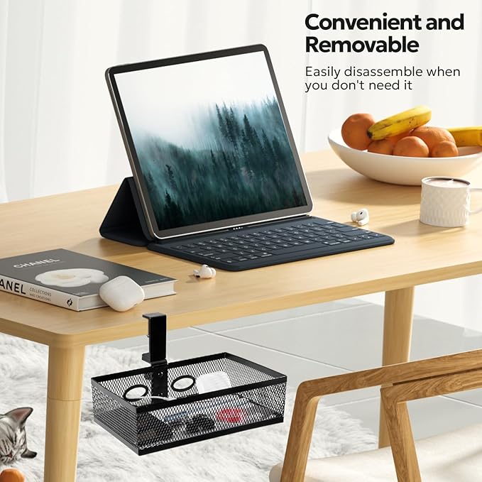 Pulchrum Under Desk Drawer Organizer Clamp On - 360° Swivel Metal Mesh Storage Basket, Hidden Rotating Desktop Tray for Standing Desk, Office Supplies & Gaming (No Drill, Black)