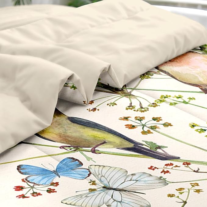 Comforter Set Full Size, Vintage Birds Butterfly Colorful 7 Pcs Bedding for Kids and Adults, Beige Spring Floral Bed Sheet Sets with Fitted Sheet 2 Pillowcase & 2 Sham for Bedroom Bed Decor