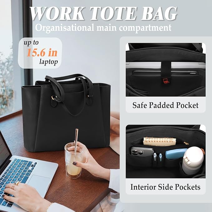 RAINSMORE Laptop Bag for Women 15.6 Inch Work Tote Bags Waterproof Computer Bags Leather Professional Laptop Purse Womens Laptop Briefcase Large Handbag for Office Teacher Travel, Black