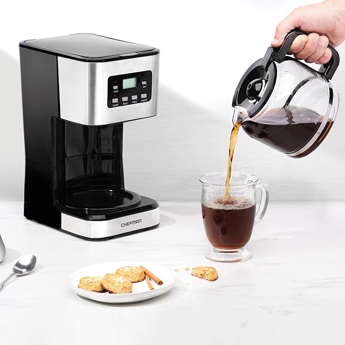 Chefman 12-Cup Programmable Coffee Maker, Electric Brewer, Auto Shut Off, Digital Display w/Auto-Brew Function, Anti-Drip Pot, Reusable Filter for Fresh Grounds, Square Stainless Steel, Glass Carafe