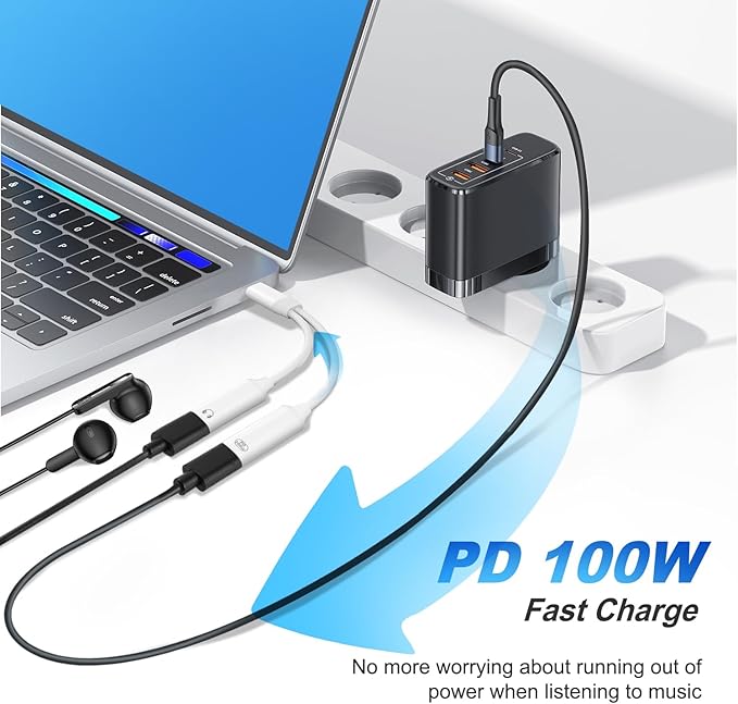 USB C Splitter，2 in 1 USB C Headphone and Charger Adapter Audio Dongle Cable with PD 100W for iPhone 16 15 Pro Max, Pixel 9 8 7, Galaxy S24 S23 S22, iPad Pro (White)