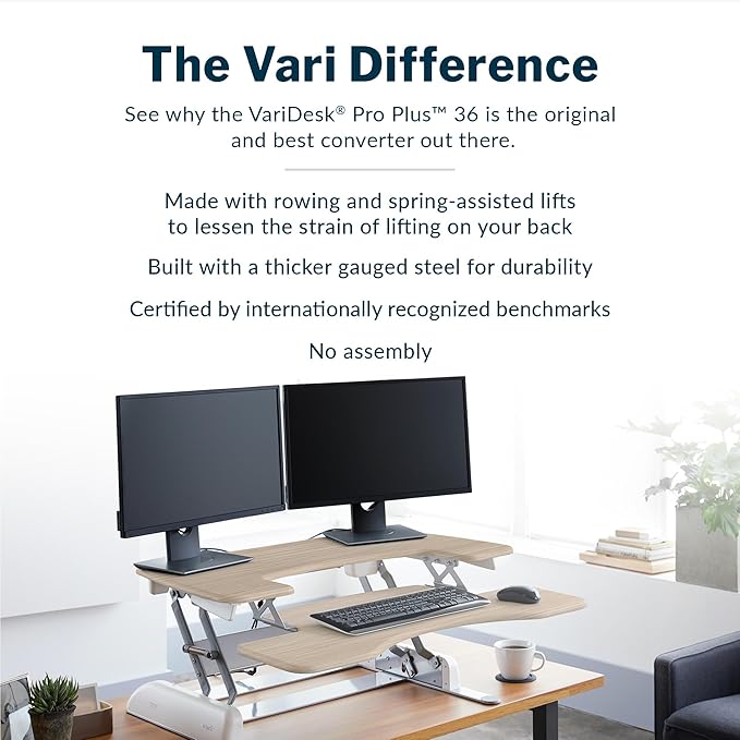 Vari VariDesk Pro Plus 36 Standing Desk Converter – 11 Height Settings + Spring Lift, 2 Tier Design, Keyboard Tray, Fits Desktops 36” Wide x 26.5" Deep – Delivers Fully Assembled (Light Wood)