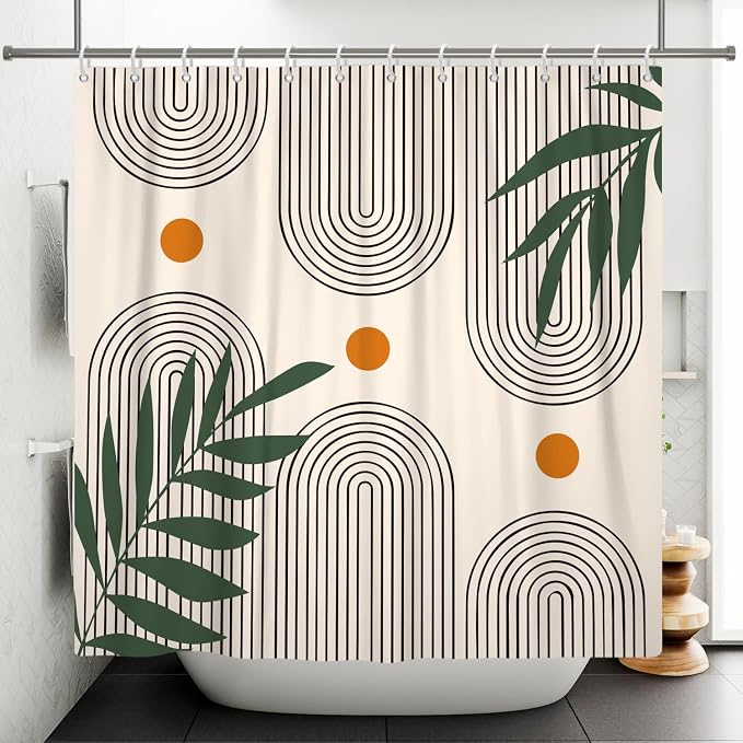 Boho Mid Century Shower Curtain Bohemian Minimalist Geometric Arch Sun Bathroom Curtain Sage Green Plant Polyester Shower Curtain Sets for Bathroom Extra Long 72x96 in with 12 Hooks