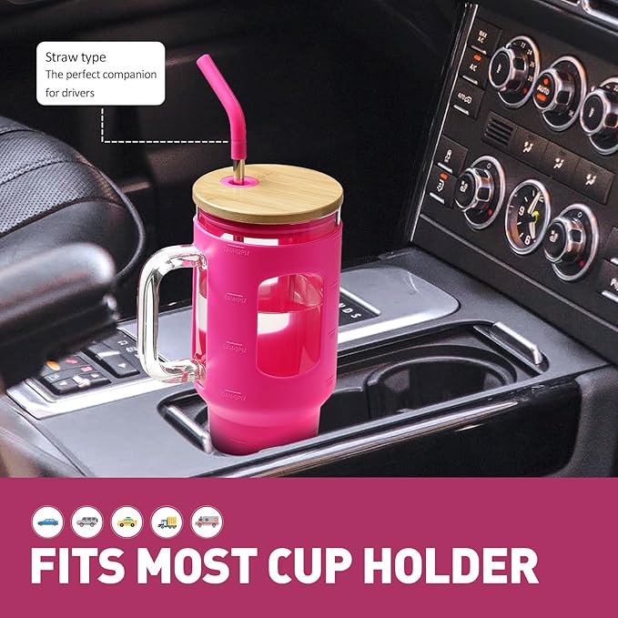 Glass Tumbler with Straw and Lid, 40 oz glass cup with handle, Glass Water Bottles with Time Marker, Silicone Protective Sleeve-Rose Red