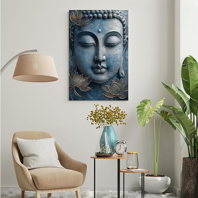 Canvas wall art Golden lotus crown Serene Buddha poster Ethereal blue toned art with delicate floral decor Zen wall art for a tranquil meditation space 12x18in Wood Framed