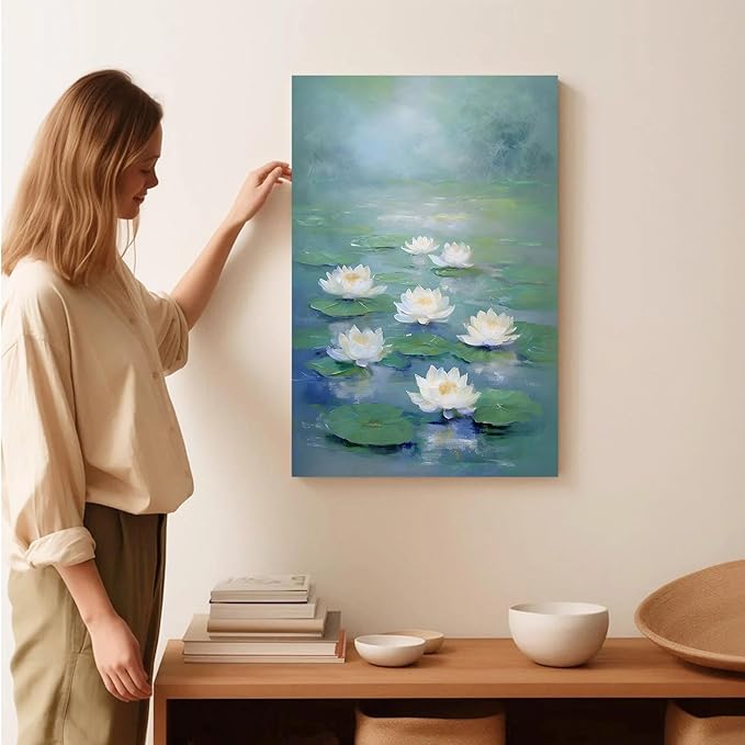 Zen wall art Delicate white lotus flower floating on calm water Vintage oil painting print Serene aquatic wall art creates a tranquil home decor 12x18in Wood Framed
