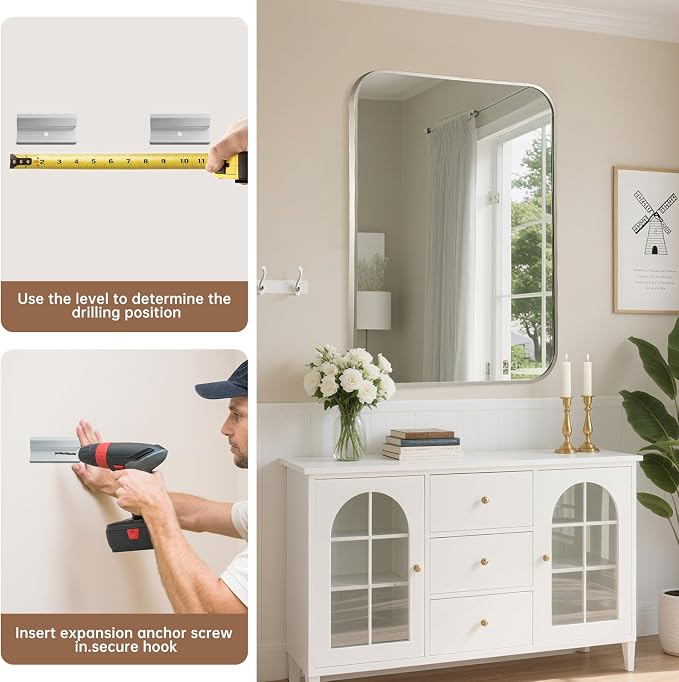 Brushed Nickel Mirror, 22"x30" Rectangle Bathroom Mirror, Metal Frame Rectangle Corner Vanity Mirror, Wall Mounted Mirror for Modern, Living Room, Bedroom, Horizontal Or Vertical
