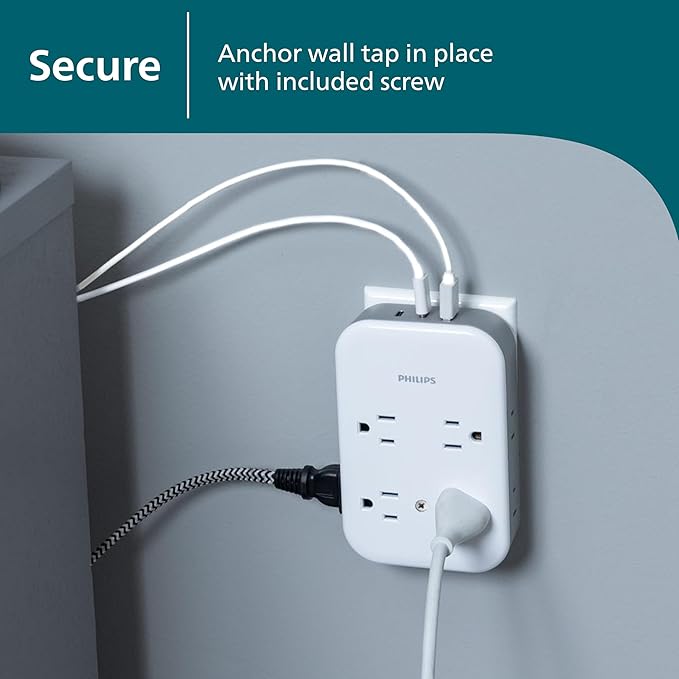 Philips All-in-One Surge Tap with USB, 4 Grounded & 4 Polarized Outlets, 2 USB-C & 1 USB-A Ports, 15W Shared, 1140 Joules, ETL Certified, White/Gray, SPP3155GW/37
