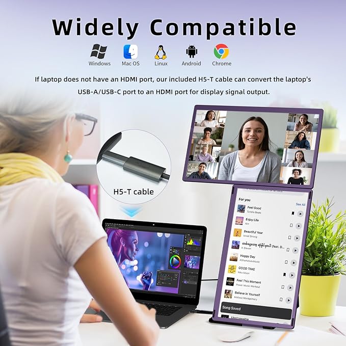 BKVOO 15.6" Laptop Screen Extender Monitor - Detachable Triple Monitor FHD 1080P IPS 120% sRGB 235° Rotation Travel Extra Screen Compatible with Wins Mac Chrome Dex Fits 13-17" Laptop