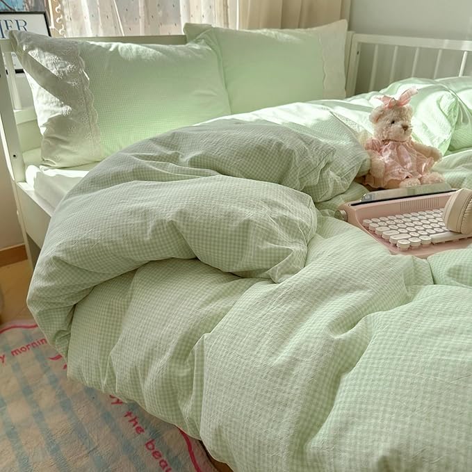 LifeTB Green Gingham Duvet Cover Twin 3 Pieces Romantic Lace Duvet Cover Soft Washed Microfiber Green Grid Plaid Comforter Cover with 2 Pillowcases Farmhouse Checkered Gingham Bedding Set