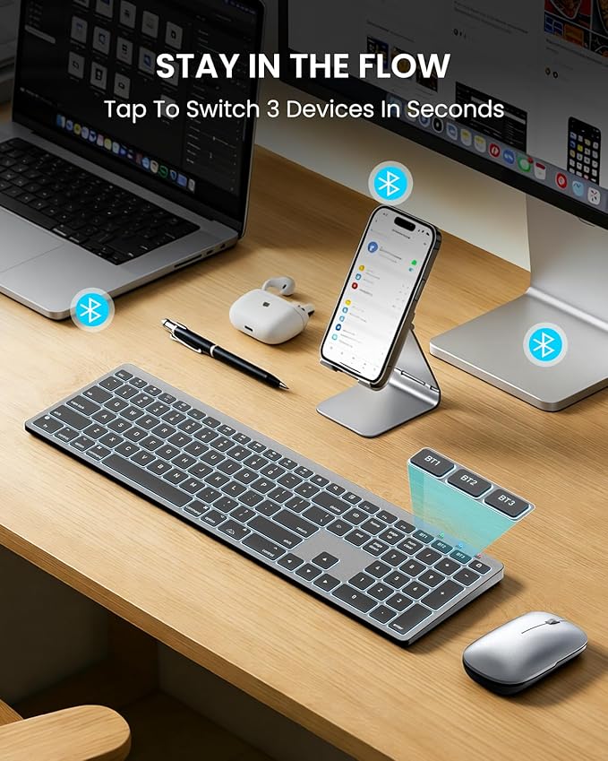 SABLUTE Bluetooth Keyboard and Mouse for Mac — 7-Color Backlit, Multi-Device, Rechargeable, Full-Size Wireless Keyboard Mouse Combo with Quiet Scissor-Switch Keys & Tilt Legs for Mac (Space Gray)