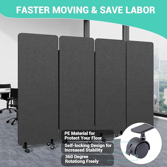 Soundproof Room Divider W/Wheels, 66in Office Dividers for Sound Proofing & Reducing, Sound Proof Dividers for Office Partitions Portable Acoustic Wall Divider (Dark Grey, 4 Panel-95''Wide)
