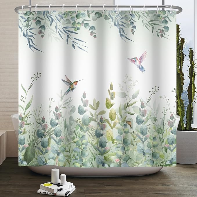 Green Leaf Shower Curtain Colourful Bird Eucalyptus Bathroom Curtain Plant Leaves Botanical Hummingbird Spring Summer Shower Curtain Sets for Bathroom Extra Long 60x72 in with 10 Hooks