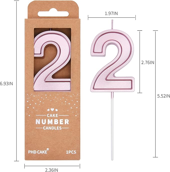 PHD CAKE 2.76 Inch Luxe Rose Gold 2 Number Birthday Candles, Rose Gold Number Candles, Cake Number Candles, Party Celebration