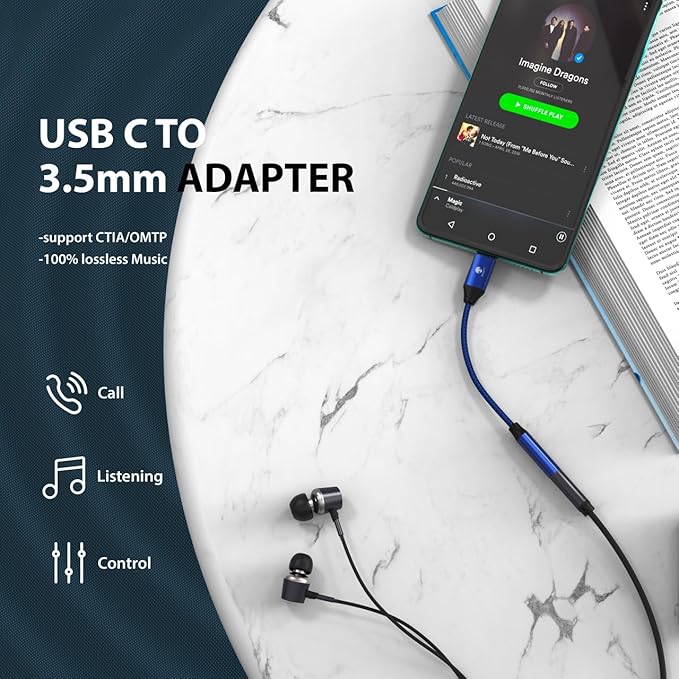 Stouchi USB C to 3.5mm Dongle Adapter, Type C Headphone Audio Jack Cable Cord Hi-Fi DAC Chip for iPhone 17/16 /15, Pixel 9/8 /7/6, iPad, Samsung Galaxy S25 S24 S23 Ultra (1, Blue, 0.38ft*1)