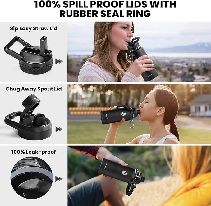 Insulated Water Bottle 32 oz, Triple Wall Vacuum Stainless Steel (Cold for 48 Hrs), Leak Proof & Non-BPA, Modern Water Flask Jug with Paracord Handle & Straw Spout Lids, Magic Black