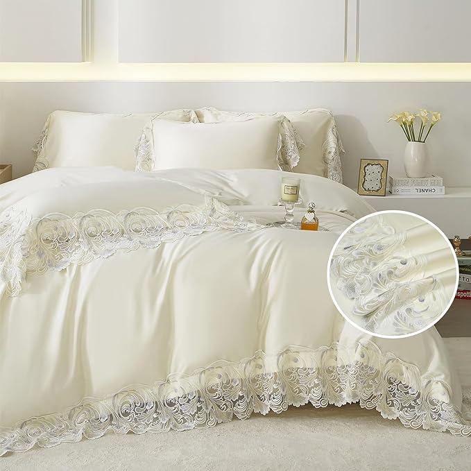 mixinni Luxury Satin Duvet Cover Set with Embroidery Lace, Silky Soft Bedding Set (1 Duvet Cover + 2 Pillowcases), Cream White - Elegant Bedroom Comforter Cover, Vintage Royal Style-Queen Size