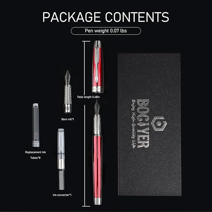 BOCIYER Fountain Pen with Fine Nib & Black Ink, Refillable & Elegant Bent Nib Design, Calligraphy Pens for Writing, Best Fountain Pen for Smooth & Fancy Writing(Grey)