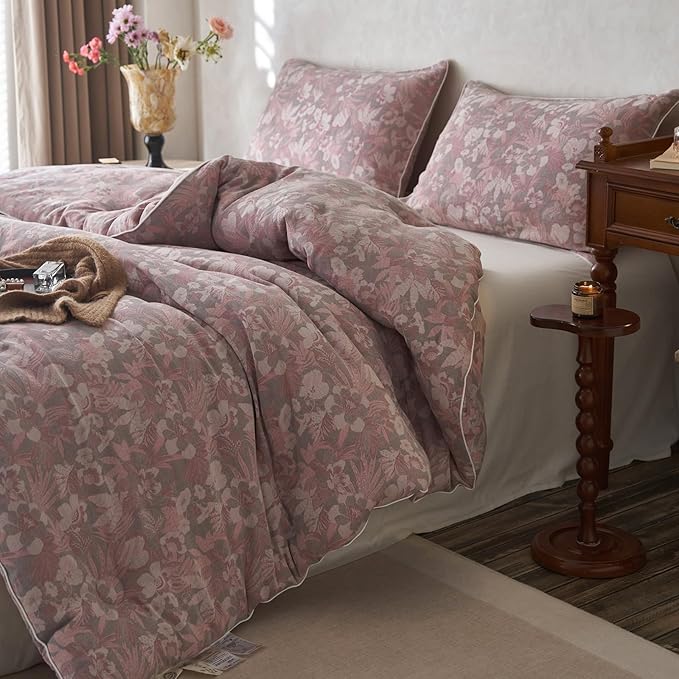 HighBuy Pink Floral King Size Comforter Set Muslin Cotton Soft Luxury Boho King Comforter Jacquard Print Breathable Lightweight Fluffy Bedding Sets with 1 Comforter and 2 Pillow Shams