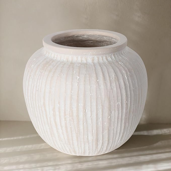 Oakrain Large Rustic Minimalist Vase, 11" Distressed Round Floor Vase for Home Decor, Farmhouse Decorative Centerpieces for Living Room Bedroom, Vintage White