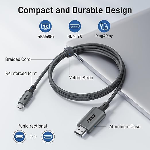 Acer USB C to HDMI Cable for Home Office 3.3FT (4K@60Hz), High-Speed Type C to HDMI 2.0 Braided Cord, Thunderbolt 4/3 Compatible with MacBook, iPhone 16/15 Pro/Max, iMac, iPad Pro, Galaxy S24, Surface